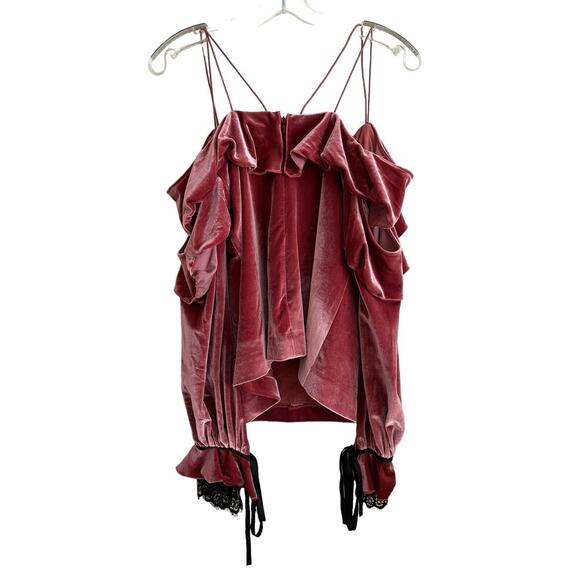 Self-Portrait Pink Velvet Blouse with black lace and bows around cuffs. - Picture 3 of 13